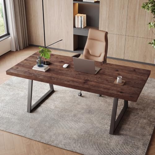 63" Industrial Executive Desk, Solid Wood Computer Laptop Desk with Strong Metal Legs, Study Writing Table Business Workstation for Home Office, Small Conference Table by TribewoodbyTribesigns