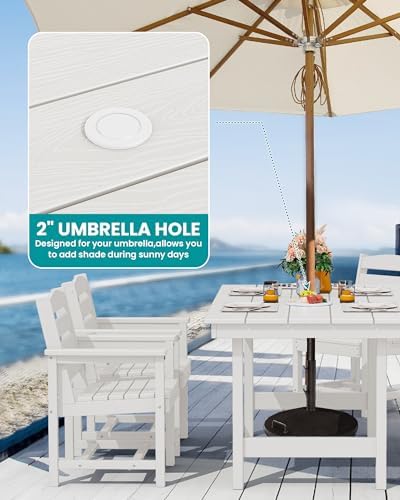 SERWALL HDPE Dining Set with Umbrella, Outdoor Dining Set for 6, White - Image 2