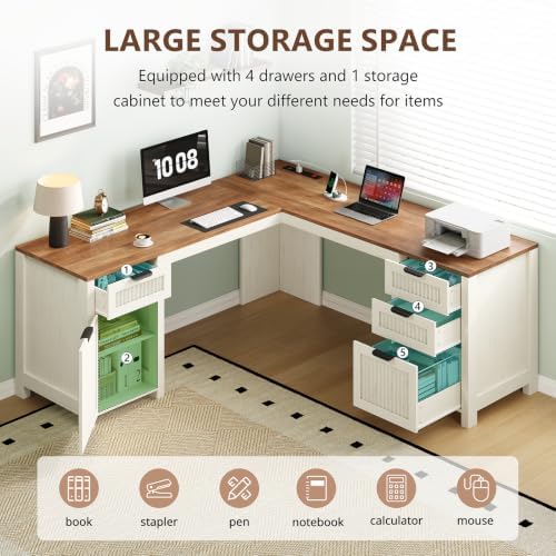 59" Farmhouse L Shaped Desk with Drawers & Storage Cabinet for Home Office - Image 4