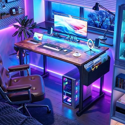 DurayLoly 40" Computer Desk with Waterproof LED Lights for Bedroom,Brown - Image 6