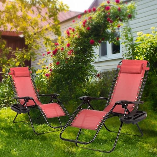 Nazhura Set of 2 Relaxing Recliners Patio Chairs Adjustable Steel Mesh Zero Gravity Lounge Chair Beach Chairs with Pillow and Cup Holder Khaki (Pink) - Image 2