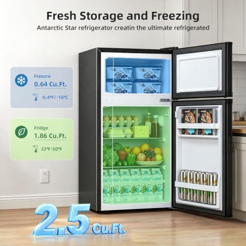 Antarctic Star Compact Mini Fridge with Freezer,Double Door with Adjustable Thermostat,Small Fridge Removable Shelves for Dorm/Office,2.5 Cu.Ft,Black - Image 2