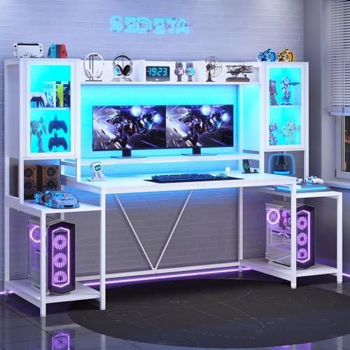 SEDETA Gaming Desk 75'' with LED Lights, Hutch and Storage Shelves, White - Image 3