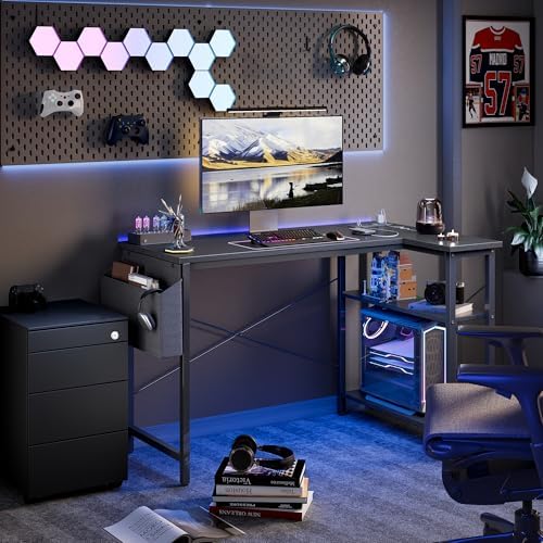 TIQLAB L Shaped Computer Desk with Power Outlets, 55 Inch Small Corner Desk with Reversible Shelves, Gaming Desk Computer Table Study Writing Table for Home Office Bedroom Small Space, Black - Image 6