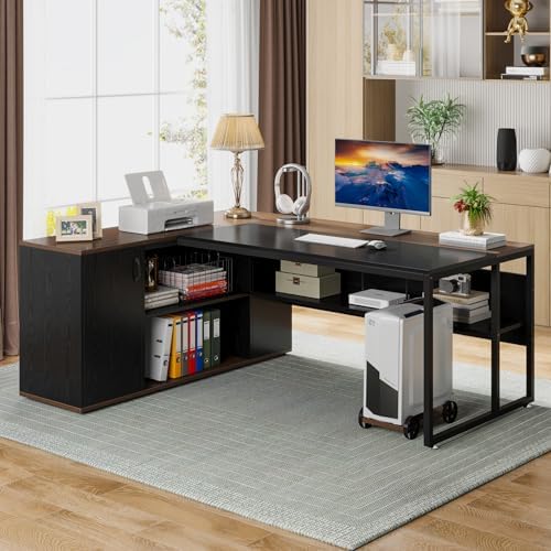 Tribesigns 71 inch Executive Desk, L Shaped Desk with Cabinet Storage, Executive Office Desk with Shelves, Business Furniture Workstation for Home Office, Black and Brown - Image 3