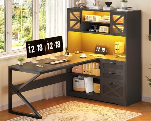 59" Farmhouse L Shaped Gaming Desk with Storage Drawers, LED Lights, Outlet - Image 3