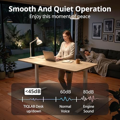 TIQLAB Electric Height Adjustable Standing Desk 71 * 30 inch, Sit Stand Desk with Splice Board, Memory Controller, White Frame & Maple Top Computer Workstation for Home Office - Image 7