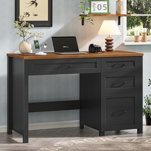 Farmhouse 47" Executive Desk, Computer Desk with File Drawer, Black Brown by Halitaa