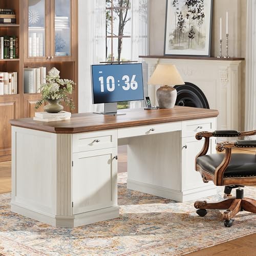 59" Classic Executive Desk with Storage, Victorian Executive Desk with Charging Station, Keyboard Tray, 3 Drawers & Cabinet Storage & Pedestal, Easy Assembly, White by Unknown