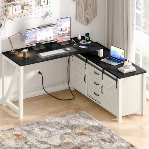 Executive L Shaped Office Desk with Drawers, Farmhouse Corner Desk for Home Office with Storage Cabinet, Computer Desk with Charging Station, Reversible Study Writing Table Workstation, Rustic White - Image 2