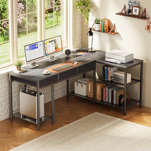 PRAISUN 55 Inch L Shaped Office Desk with Power Outlets and Type-C Port, Large Computer Gaming Desk with 3 Fabric Drawers, Mesh Shelves, Corner Study Work Writing Desk, Grey - Image 2