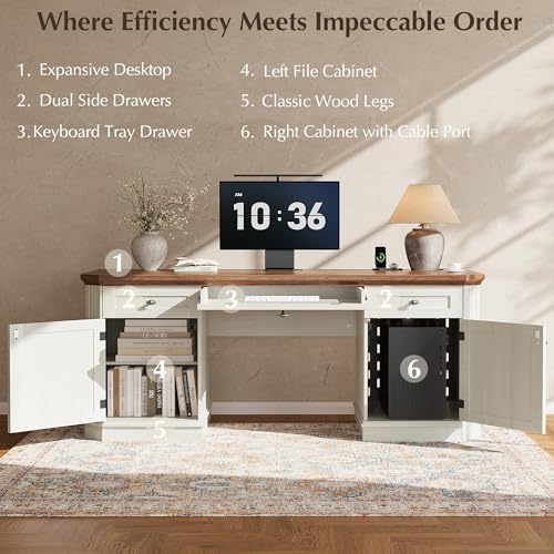 59" Classic Executive Desk with Storage, Victorian Executive Desk with Charging Station, Keyboard Tray, 3 Drawers & Cabinet Storage & Pedestal, Easy Assembly, White - Image 3