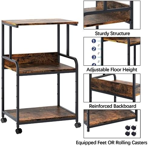 Arbuxzuy Printer Stand with Storage Shelf,3 Tier Printer Cart with Wheels,Mobile Printer Table for Home Office,Stands for Printer Heat Press Scanner Fax,Industrial Style (Brown) - Image 2