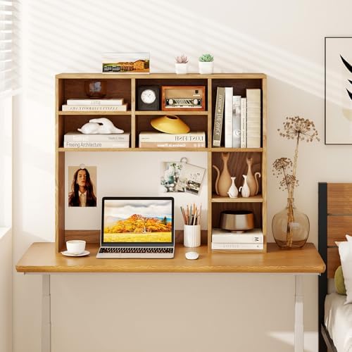 LDAILY Desktop Bookshelf, 37’’ Wood Desk Shelf with 7 Cubes & 3 Adjustable Shelves, 3-Tier Desk Display Rack, Desk Hutch for Dorm College Office Computer Monitor Up to 27’’ (Natural, 7 Shelves) by LDAILY
