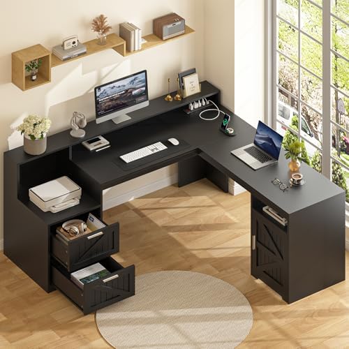 63" Farmhouse L Shaped Desk with Drawers & Printer Shelf for Home Office - Image 3