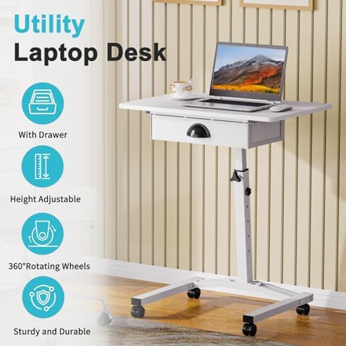 Rolling Standing Computer Desk With Drawer, Small Mobile Laptop Desk Cart - Image 4