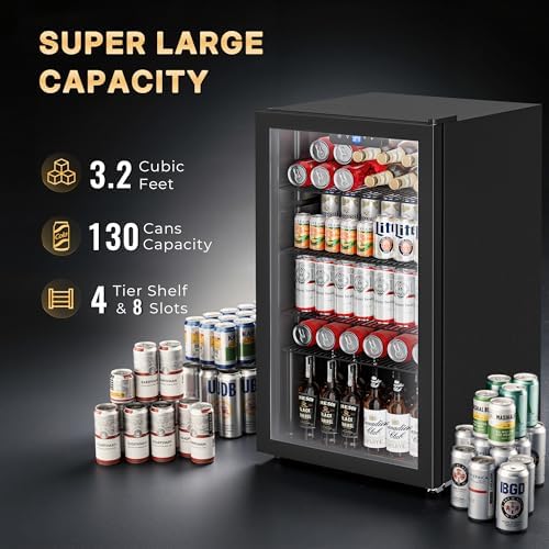 130 Can Beverage Refrigerator, 3.2 Cu.ft Mini Fridge, Glass Door, Black - Image 3