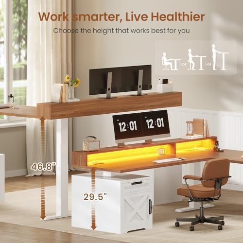 SEDETA Farmhouse L Shaped Standing Desk, 70.1" x 73.2" Height Adjustable Home Office Executive Desk with Drawers, Power Outlet, Monitor Stand, Sit Stand Table with Led Lights for Home Office, White - Image 3