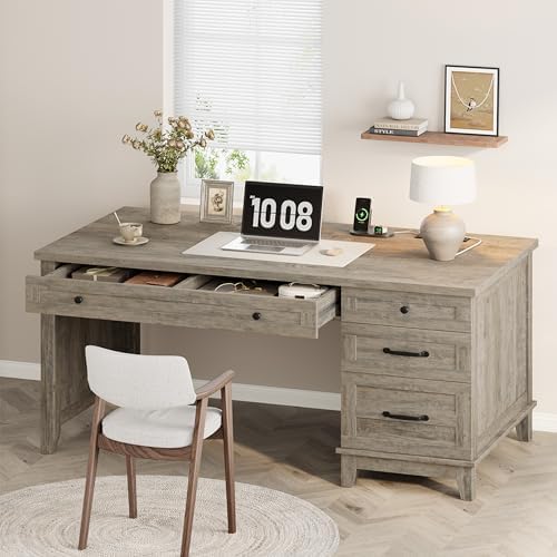 53.5" Farmhouse Home Office Desk with File Cabinet, Wooden Executive Desk with Power Outlet, Work Desk with Drawers, Traditional Wood Desk for Home and Office, Gray by SLEKVERSA