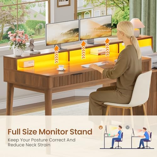 SEDETA Modern Office Desk with 4 Drawers, 59" Fluted Gaming Computer Desk with Storage, LED Lights and Power Strip, Wood Writing Desk Study Table for Home Office, Living Room, Bedroom, Brown - Image 6
