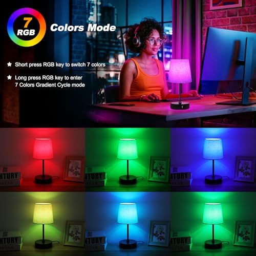 Ascher Small Bedside Table lamp Set of 2, RGB Color Changing Lamps, 3 Color Temperatures, Dimmable Nightstand Lamp with USB C+A Ports, Touch Desk Lamp for Bedroom Living Room, H11.4in(Flaxen Shade) - Image 3