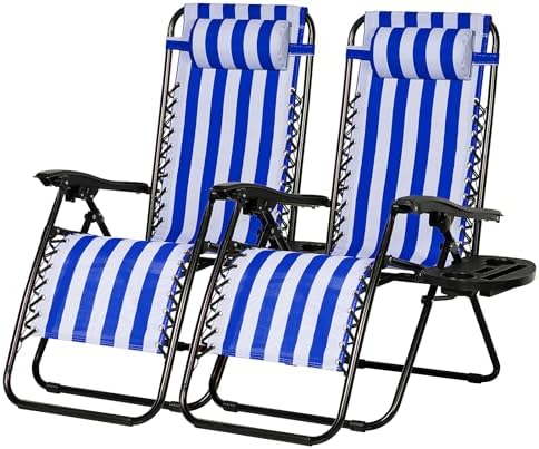 Nazhura Set of 2 Relaxing Recliners Patio Chairs Adjustable Steel Mesh Zero Gravity Lounge Chair Beach Chairs with Pillow and Cup Holder (Navy Blue Stripe) by NazhuraGoodCompanionAtHome