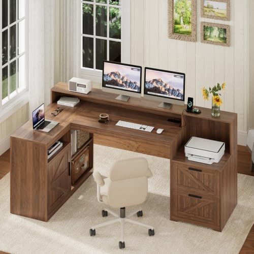 63" Farmhouse L Shaped Desk with Drawers and Printer Stand for Home Office - Image 3
