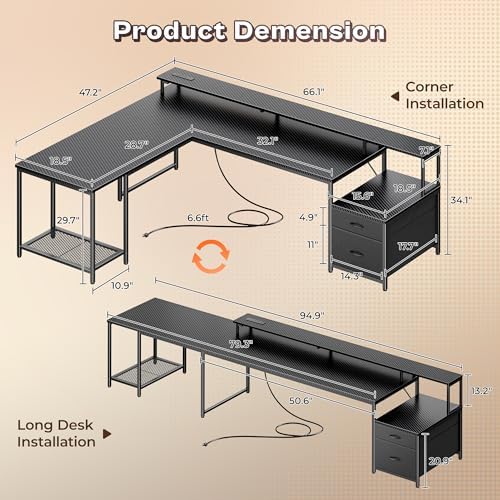 PRAISUN 66" L Shaped Gaming Desk with LED Lights & Power Outlets - Image 2