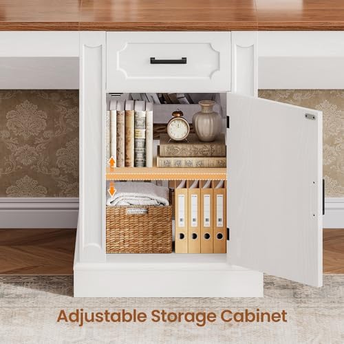 SEDETA Farmhouse 110.3" Two Person Desk with 7 Drawers, Long Computer Desk with Storage Cabinet, 2 Person Desk with Power Outlets for Home Office, White+Brown - Image 5