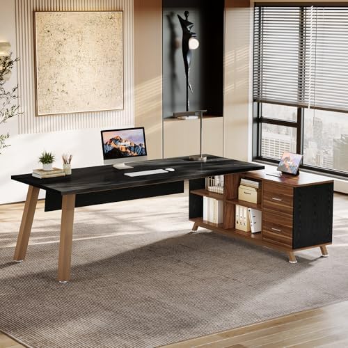 Tribesigns 78.7" L-Shaped Executive Desk, Modern Office Desk with File Drawers & Storage Shelves, Large Computer Desk with 55-Inch Cabinet, Business Workstation for Home Office, Black & Walnut - Image 3