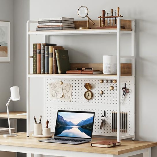 Desk Hutch, 37" Desktop Bookshelf with Pegboard, Countertop Storage Hutch for Computer Monitor, 2-Tier Desk Display Rack, Desktop Organizer Shelf for Dorm Home Office (White+Natural) by SILKYDRY