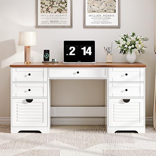 Ieejdn 59" Home Office Desks, Executive Desk, Farmhouse Computer Desk with 7 Drawers and Charging Station, File Drawer, Rustic Computer Writing Desk,Antique Cream by Ieejdn