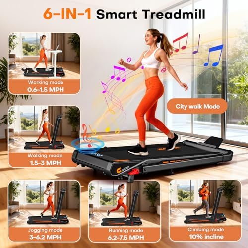 Treadmill with Speaker, 6-in-1 7.5MPH Foldable Treadmill for Home with App Compatible, Walking Pad with 10% Incline, LED Display, 3.0HP Brushless Drive, 350 LB Weight Capacity, 12 HIIT Programs - Image 2