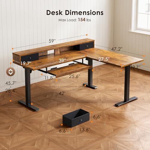 OffiGo 59 Inch L Shaped Electric Standing Desk with Drawers, Rustic Brown - Image 3