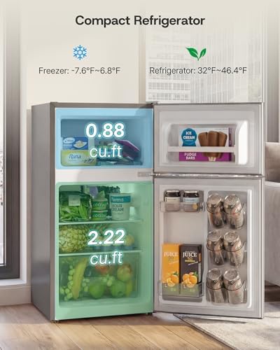 Upstreman 3.1 Cu.Ft Mini Fridge with Freezer, Double Door Small Refrigerator, Adjustable Thermostat, Energy Star Certified Low Noise Mini Refrigerator for Bedroom, Dorm, Apartment Silver-TM31 - Image 4