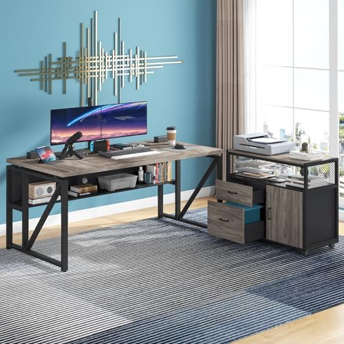 Tribesigns L Shaped Desk with Drawer Cabinet, 63" Executive Computer Desk and lateral File Cabinet, 2 Piece Home Office Furniture with Drawers for Hanging File, Doors with Locks (Gray, 63 inches) - Image 6
