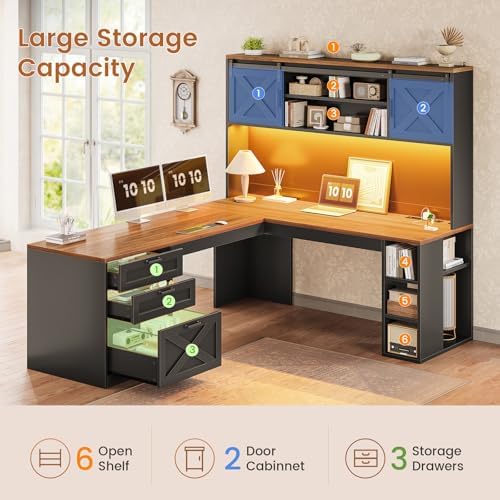 SEDETA 67" Farmhouse L Shaped Desk with Hutch, Black+Brown - Image 5