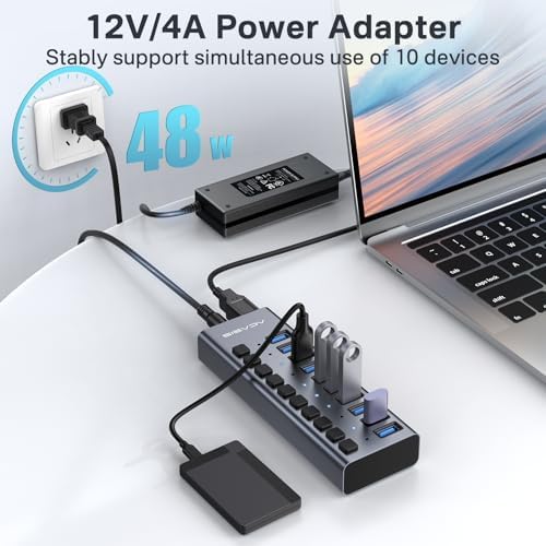 ACASIS Powered 10 Ports USB 3.2 Hub, 10Gbps Data Transfer, 48W Adapter - Image 4