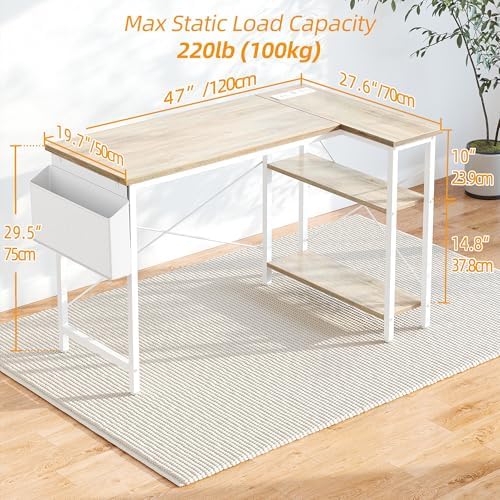 TIQLAB L Shaped Computer Desk with Power Outlets, 47 Inch Small Corner Desk with Reversible Shelves, Gaming Desk Computer Table Study Writing Table for Home Office Bedroom Small Space, Maple - Image 3