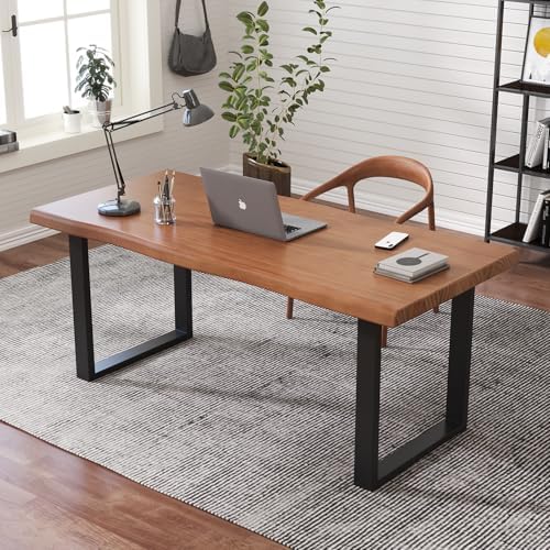 Solid Wood Office Desk, 47.24" Tan Executive Computer Desk with Heavy-Duty Metal Base, Multi-Purpose Desk/Dining Table, Ideal for Home Office & Work Environments by KunAndPeng
