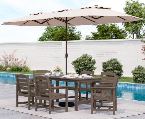 SERWALL HDPE Dining Set with Umbrella, Outdoor Dining Set for 6, Coffee by SERWALL