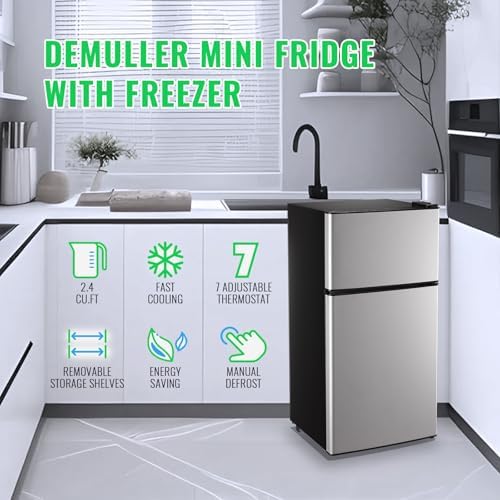 DEMULLER 45L Personal Double‑Door Mini Fridge With Freezer, Silver - Image 6