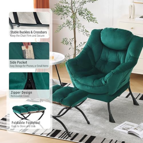 Furlide Lazy Chair with Ottoman, Comfy Velvet Reading Chair for Bedroom，Dark Green - Image 5