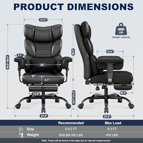 Misolant Big and Tall Office Chair with Footrest, High Back Executive Desk Chair with Adjustable Lift Armrest, 155°Recline，Lumbar Support Pillow, Faux Leather Gaming Chairs for Home or Office Black - Image 3