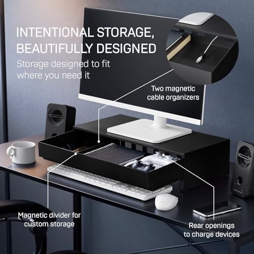 YAMAZAKI Home Monitor Stand with Drawer and Cable Management Riser, Black - Image 3