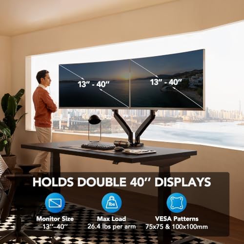 HUANUO Dual Monitor Stand for 13″–40″, Premium Dual Monitor Mount with USB, Height Adjustable Monitor Stand for 2 Monitors, VESA Mount with Clamp/Grommet Base, Holds 26.4lbs per Arm, HNDS7 - Image 2