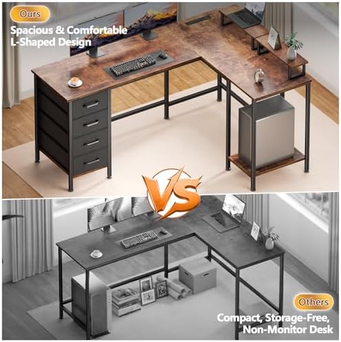 Korfile 59 inch L Shaped Computer Desk with Power Outlets, Rustic Brown - Image 5
