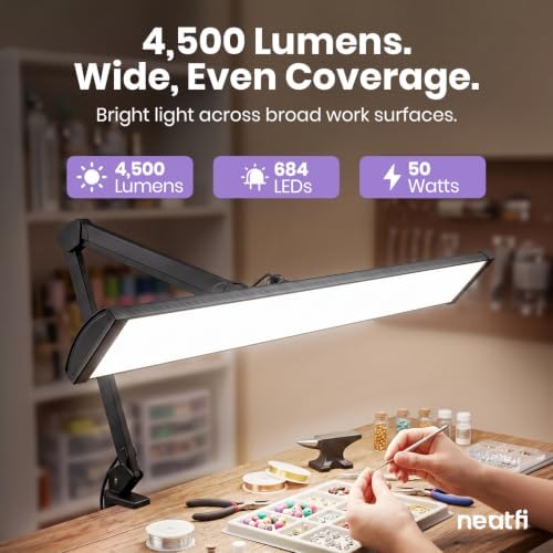 Neatfi Pro LED Task Lamp with Clamp | CRI 95 | 50W | 684 LED Beads | 4,500 Lumens | Touch CCT Dimming | 3000K-6500K | Desk Light for Reading, Crafting & Home Office Use (Black-7, 31.8-Inch Wide Shade) - Image 2