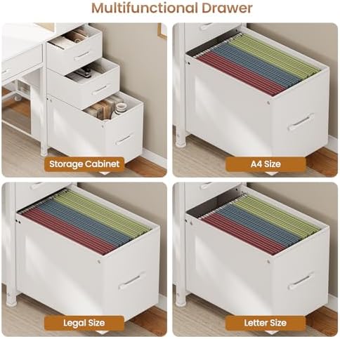 SEDETA Computer Desk with 5 Drawers and Bookshelf, Reversible Home Office Desk with Storage Shelves and File Drawer, Gaming Desk with LED Lights for Small Spaces, White - Image 6