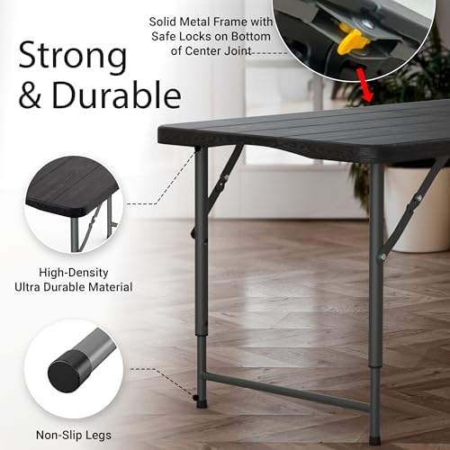4 Feet Foldable Table Adjustable Height with Built in Handle, Steel Legs | 4FT Heavy Duty Portable | Perfect for Party Dining Wedding Events Picnic Indoor Outdoor Camping Utility Folding - 4 Foot - Image 4